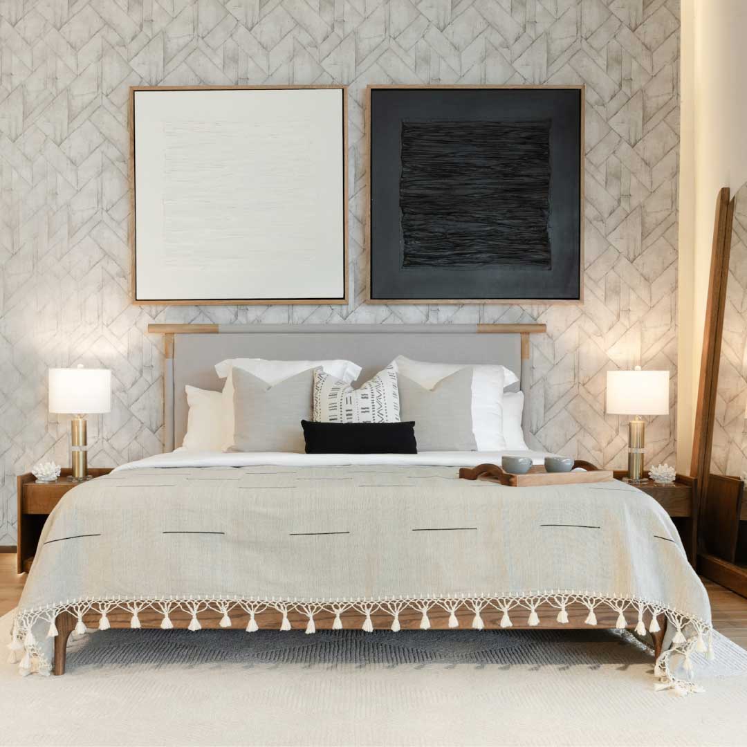 Cabecera Gaia - Cabecera Valencia Madera Pino Laca Bellota, Tela Pearl Drill | CREATA Muebles