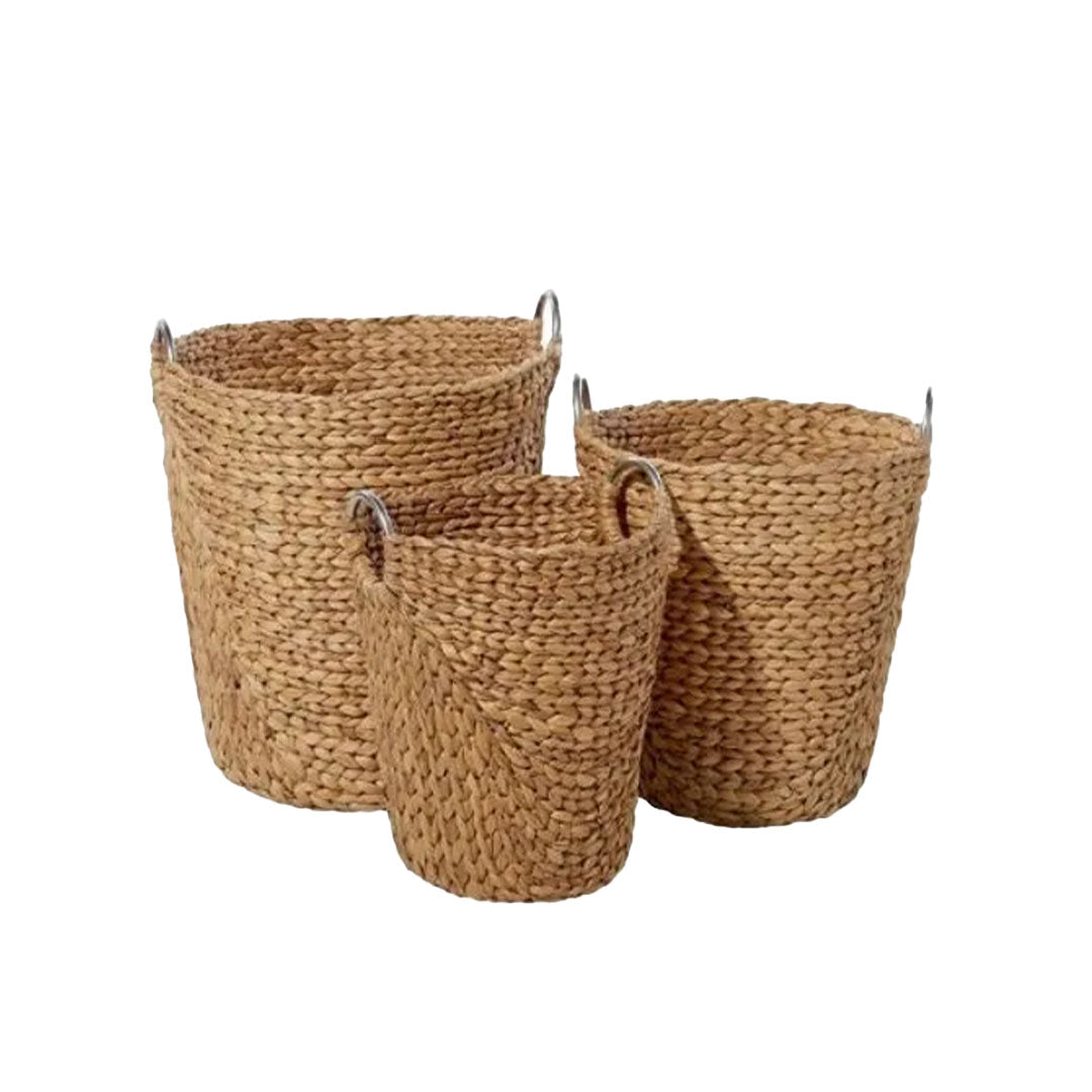 Canastos Decorativos - Juego Canasto con Argolla 3 Piezas Mimbre con Palma Café | CREATA Muebles