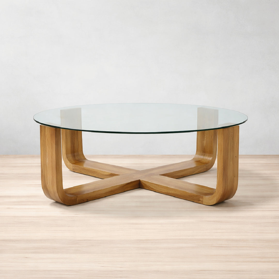 Back Mesa de centro redonda Noruega con cristal y madera parota | CREATA MUEBLES