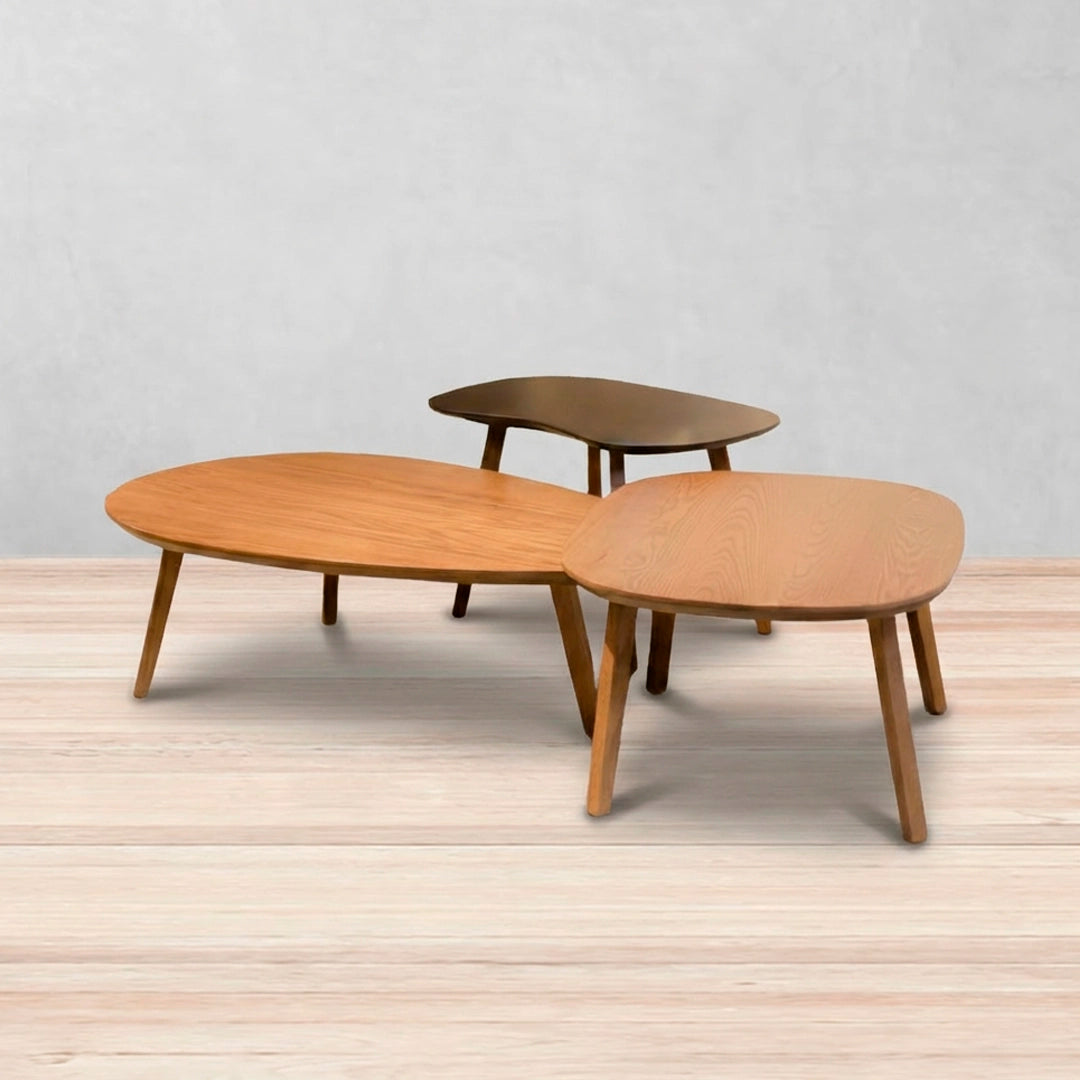 Back Mesa de centro Valo 3 pz en madera encino laca bellota | CREATA MUEBLES