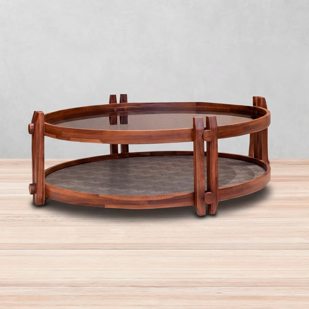 Back Mesa de centro redonda Viborg con vidrio filtrasol y madera parota | CREATA MUEBLES