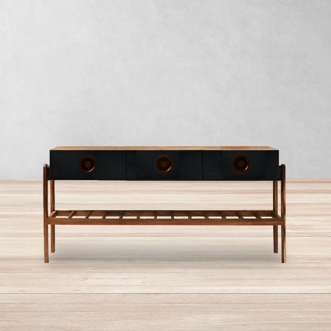 Credenzas para Comedor - Credenza Enola Parota con Piel Negra con Fondo | CREATA Muebles