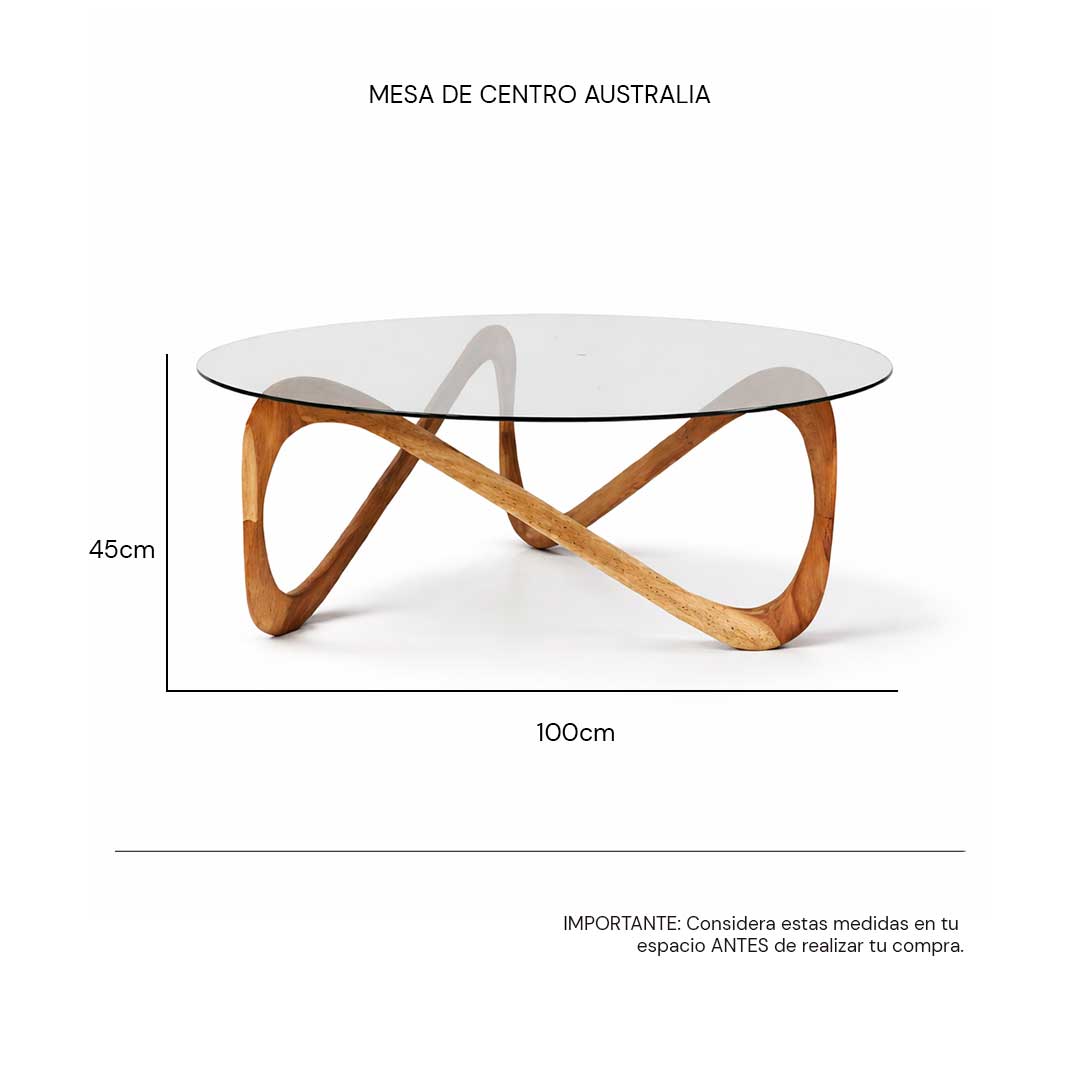 Isométrico Mesa de centro redonda Australia con cristal y madera parota    | CREATA MUEBLES