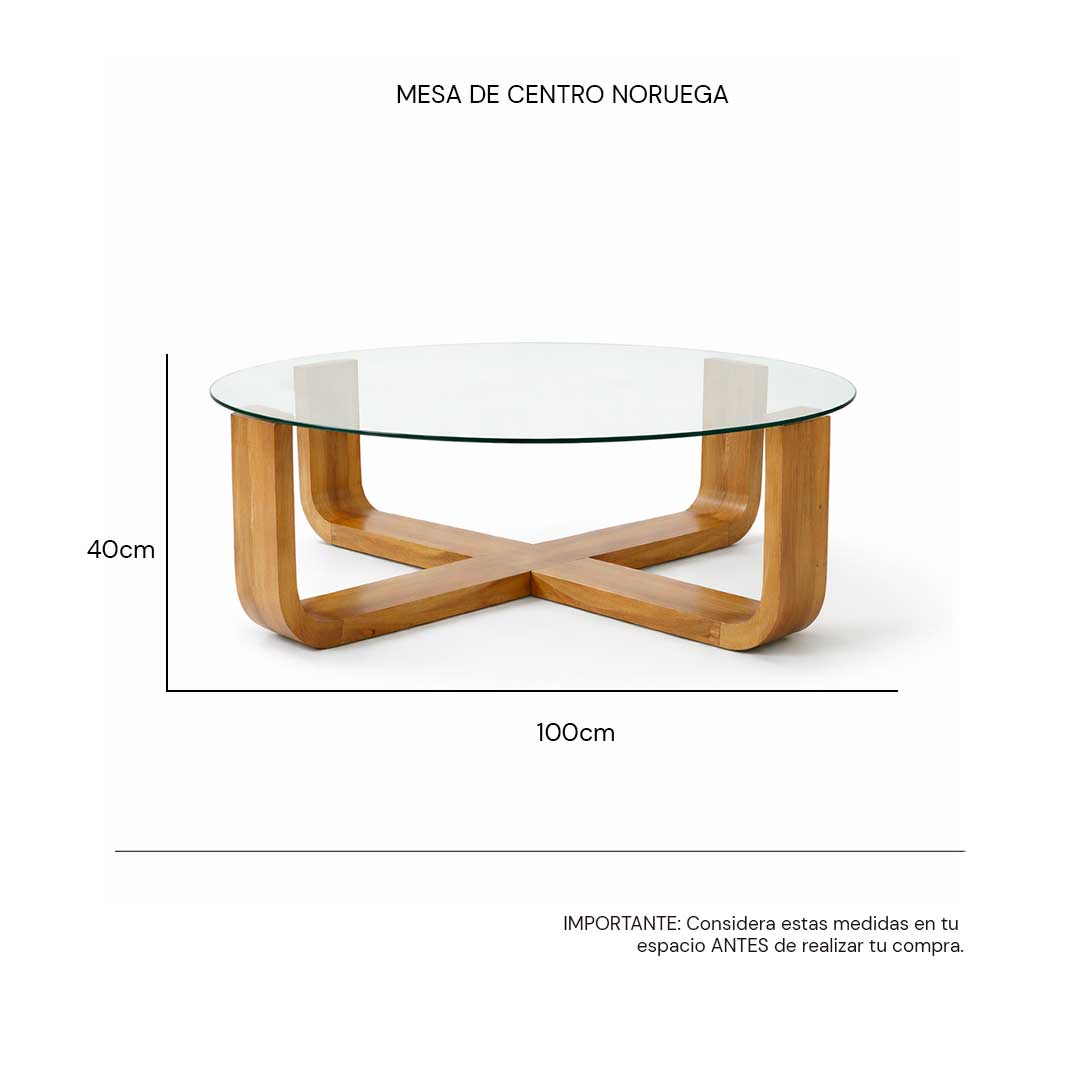Isométrico Mesa de centro redonda Noruega con cristal y madera parota | CREATA MUEBLES