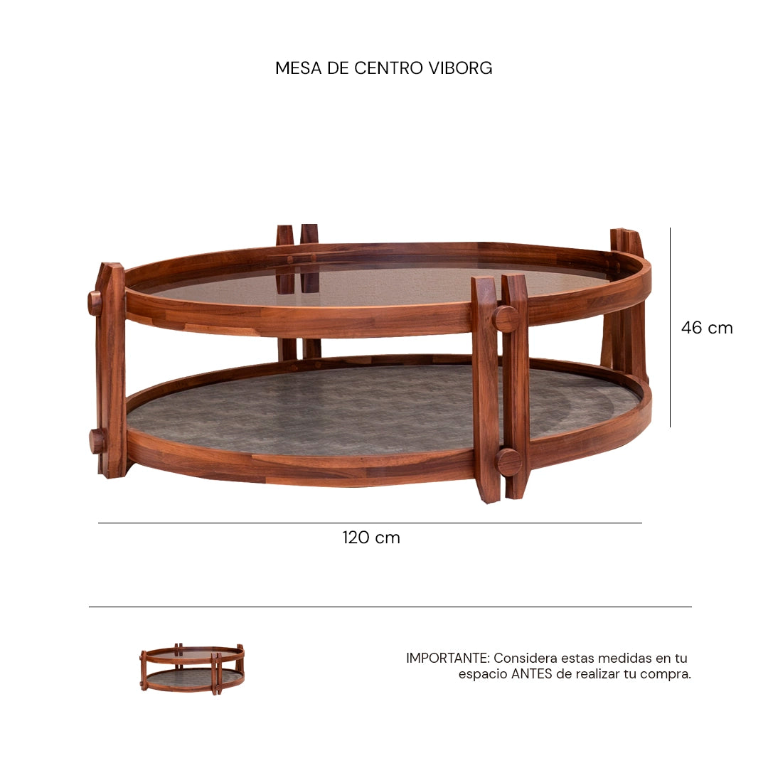 Isométrico Mesa de centro redonda Viborg con vidrio filtrasol y madera parota | CREATA MUEBLES