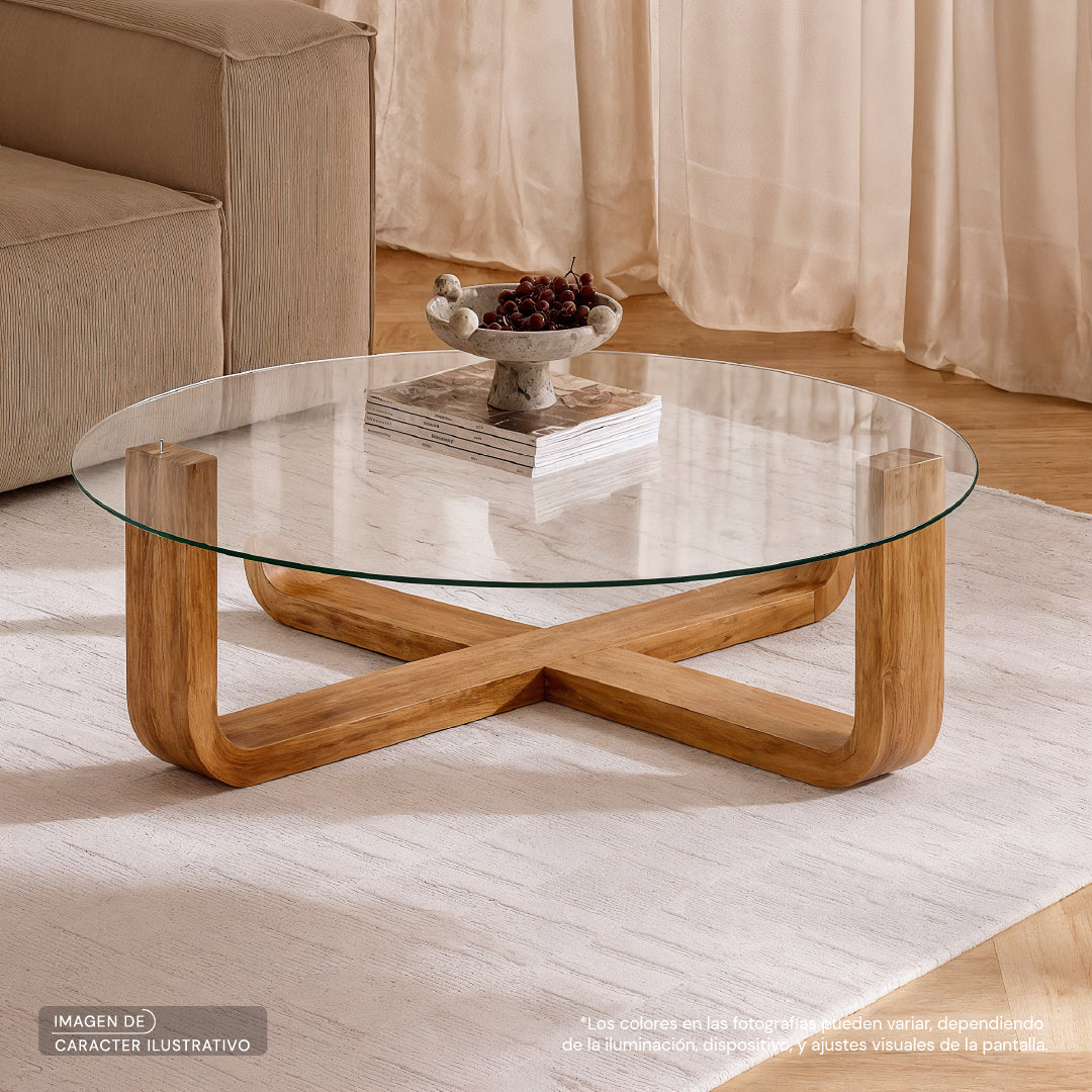 Set Mesa de centro redonda Noruega con cristal y madera parota | CREATA MUEBLES