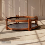 Set Mesa de centro redonda Viborg con vidrio filtrasol y madera parota | CREATA MUEBLES